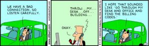 Dilbert Cartoon where a mis-communication asks Dilbert to throw a desk off a building