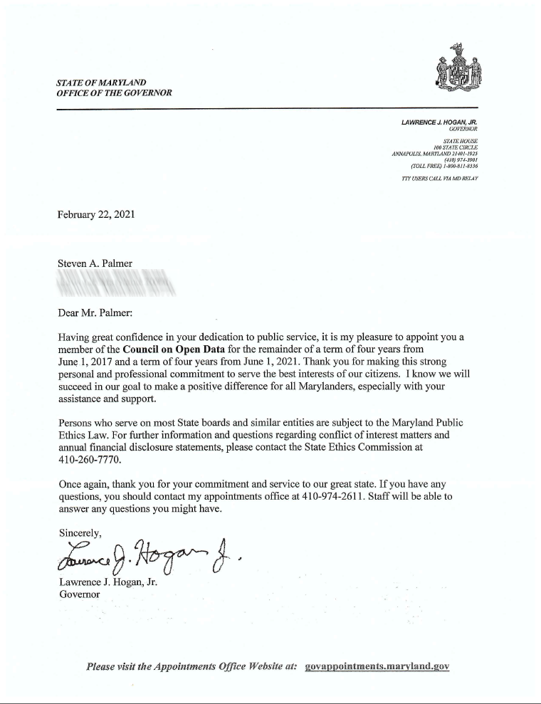 Governor Larry Hogan's appointment letter of Ever Evolving co-founder Steve Palmer to Maryland's Council on Open Data